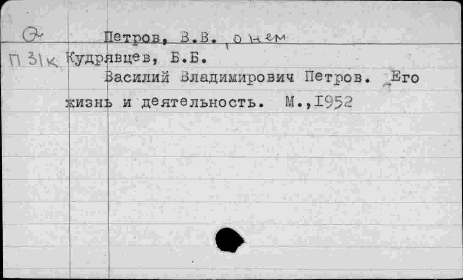 ﻿G“1	_ i	ЮТООВ. B.B. O
nî>k’	» 	 ■ 		 {удрявцев, Б.Б.	
		Василий Владимирович Петров. Bro
j	КИЗН1	> и деятельность. М.,1952
		
		
		
		
		
		•